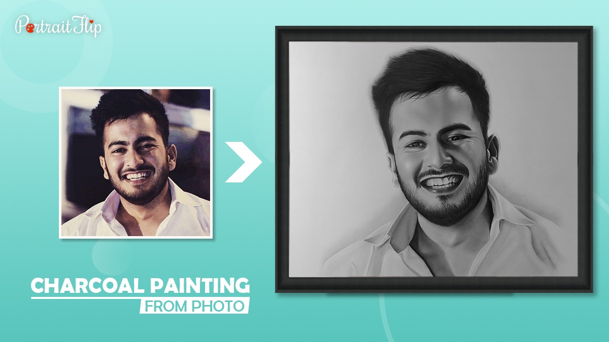 A color photo of a boy is transformed into a splendid charcoal painting by Portraitflip.