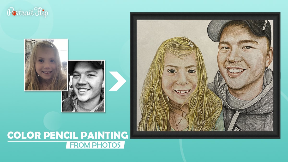 Two photos are compiled into a beautiful handmade color drawing by Portraitflip.