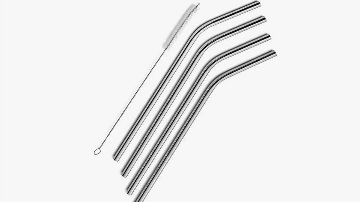 A collection of stainless steel straw on the white background. 