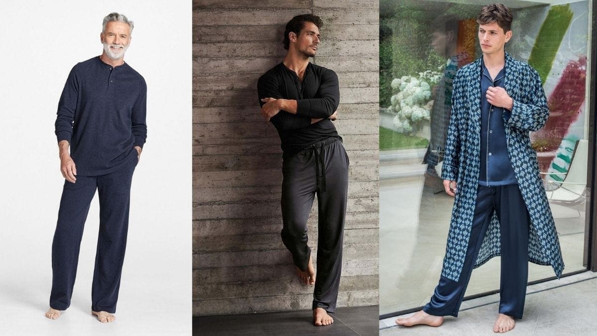 3 men from different age groups shown wearing comfortable pjs that could be options for Christmas Gifts For Brother-In-Law