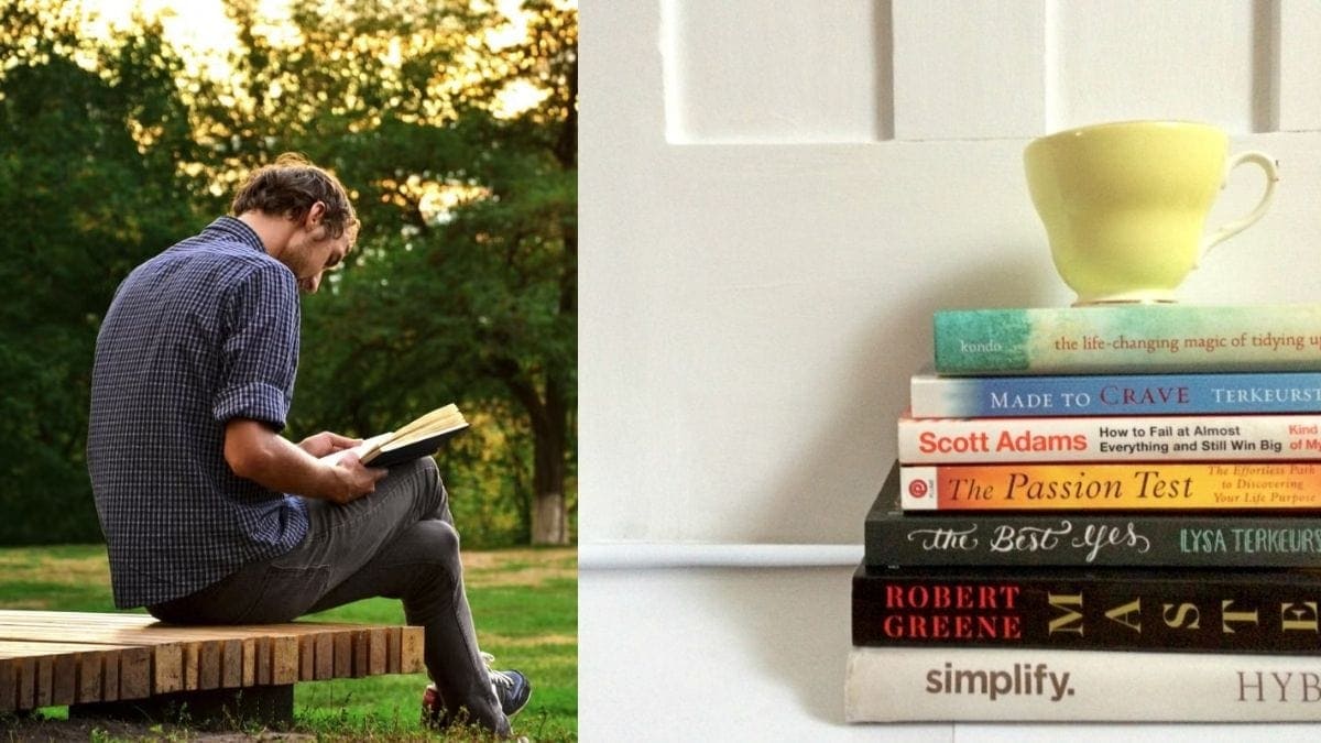 a man shown reading a stack of self motivational books as a Christmas Gifts For Brother-In-Law