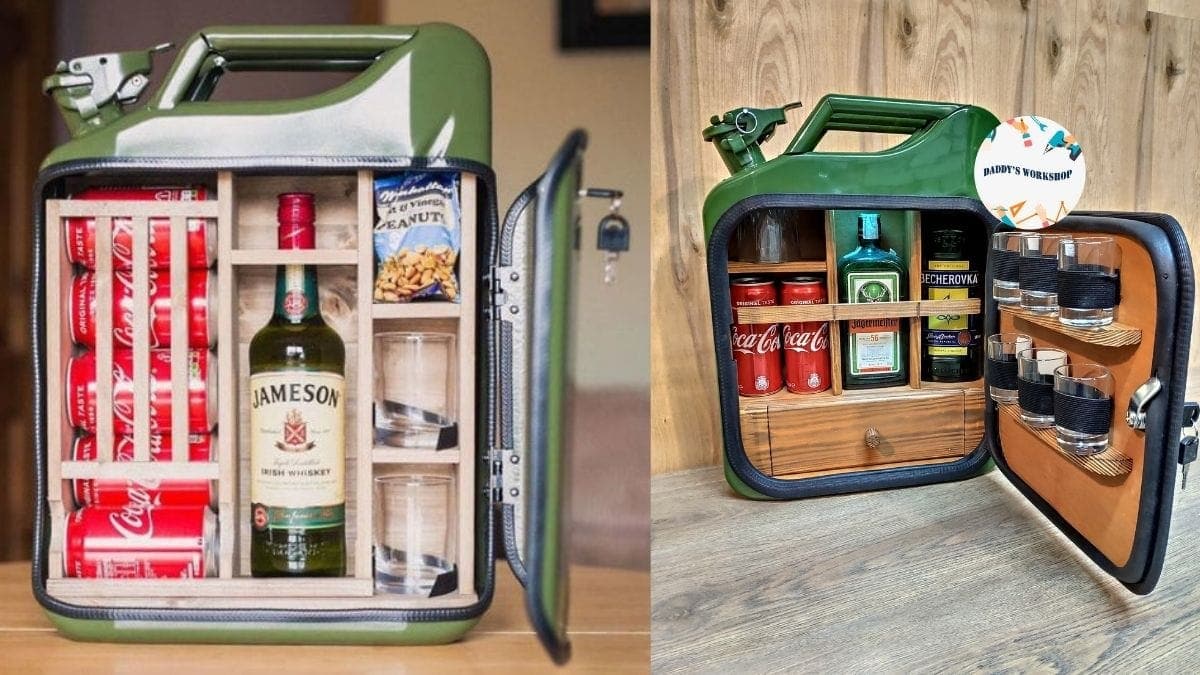 a fancy portable minibar set shown in two different angles and different interiors is Christmas Gifts For Brother-In-Law