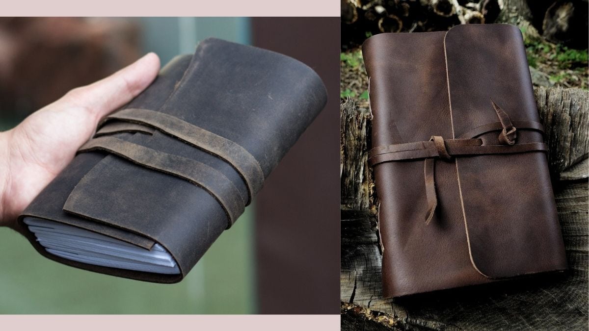 a beautiful leather bound book shown in two different settings as a Christmas Gifts For Brother-In-Law