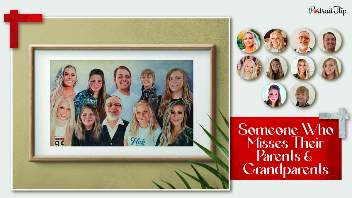 a compilation portrait of ten members of a family shown merged together as Christmas Portraits From Photos by PortraitFlip