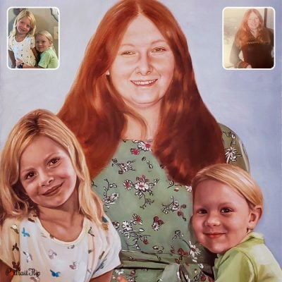 Compilation painting of a woman and two young girl that are placed beside her which is converted into a vintage portraits