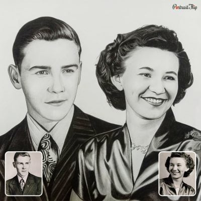 A charcoal vintage portraits of a man and a woman that is compiled together