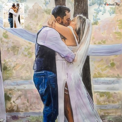 A valentine’s day paintings where bride and groom are kissing each other
