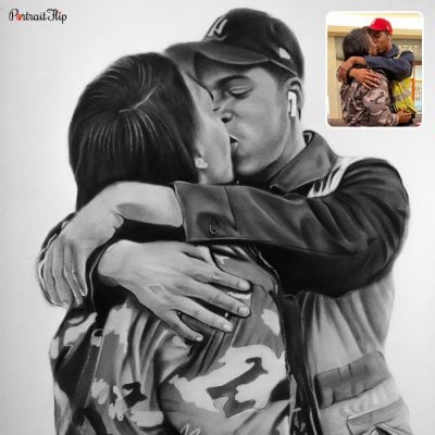 Picture of a couple kissing each other which is created as charcoal valentine’s day paintings