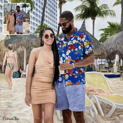 An oil valentine’s day paintings where a couple is seen in the beach background standing next to each other