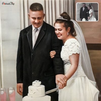 A vintage portraits of a bride and groom cutting the wedding cake