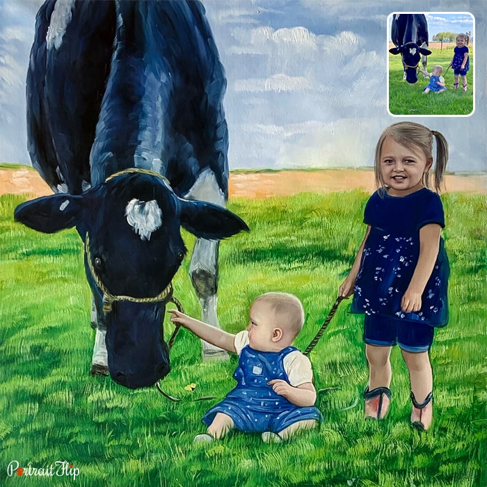 Picture of a girl standing with rope in her hands that is tied in the face of a cow and a baby touching cow’s face, which is converted into cow portraits