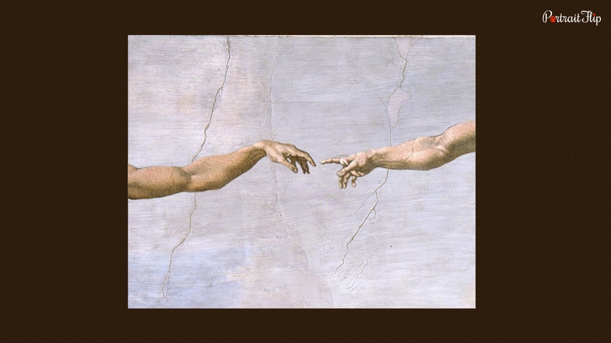 the hands touching of God and Adam in the creation of adam. 