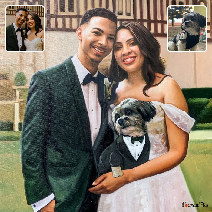 Compilation dog portraits where the bride and groom are compiled with a dog and the dog is placed in the arms of the bride