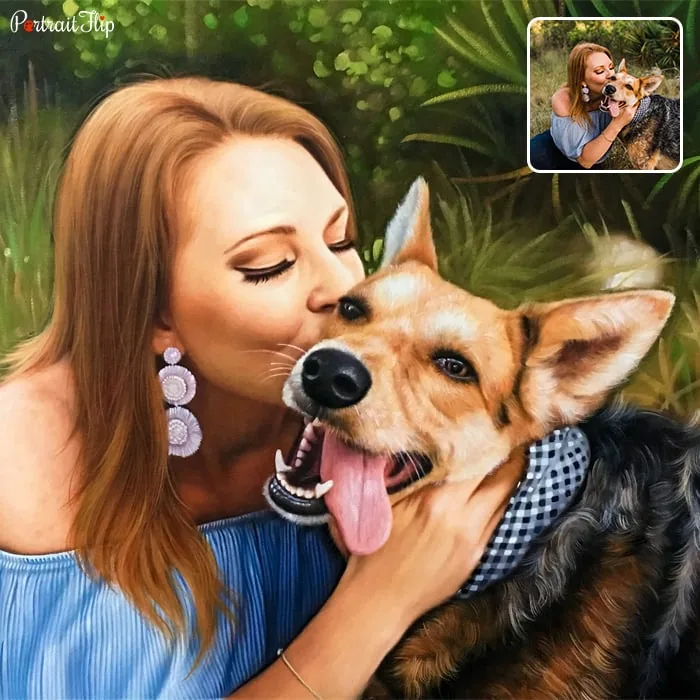 Dog portraits of a woman kissing her dog