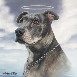 Memorial portrait of a girl who has wings in her back and a round golden ring above her head which is categorized among dog portraits