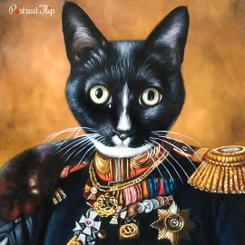 Painting of a cat wearing a army general costume that is categorized into dog portraits