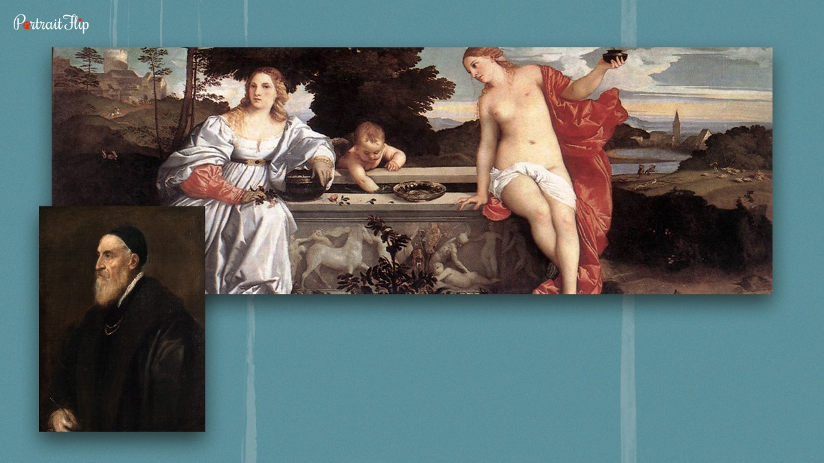 Italian painter Titian with his painting Sacred and Profane Love. 