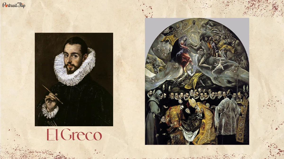 Painter El Greco with his painting on the right.