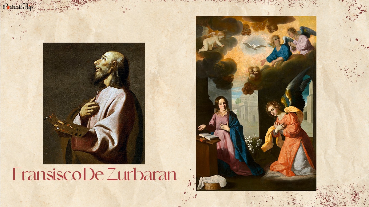 Spanish painter Francisco De Zurbaran with his famous painting.
