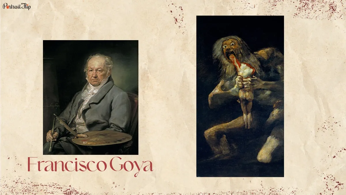 Spanish painter Francisco Goya with his painting Saturn Devouring his son.