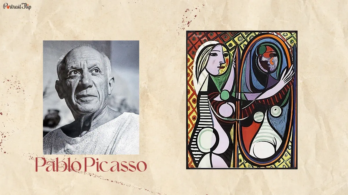 Pablo Picasso with his painting "Girl before a mirror". 
