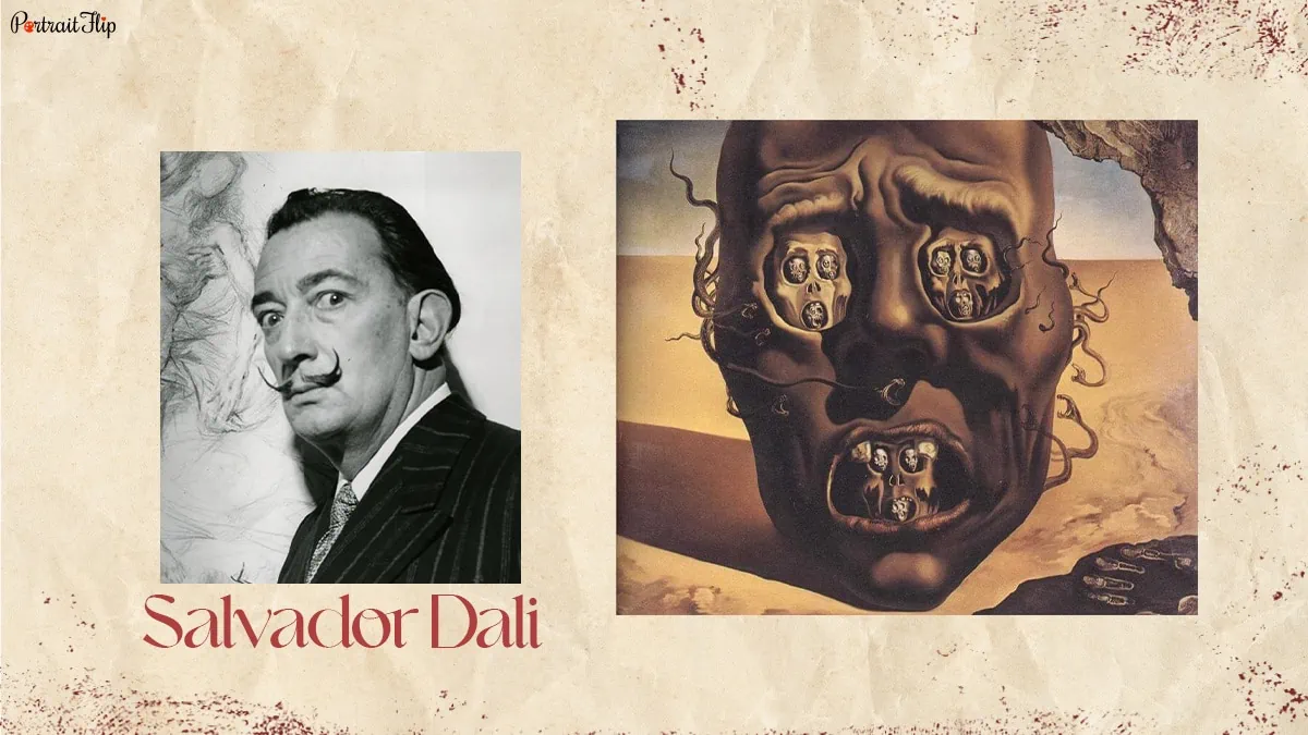 Famous Spanish artist Salvador Dali with his painting the Face of War.