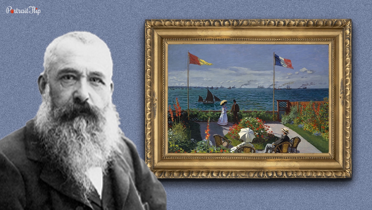 A famous french artist Claude Monet standing next to his painting.