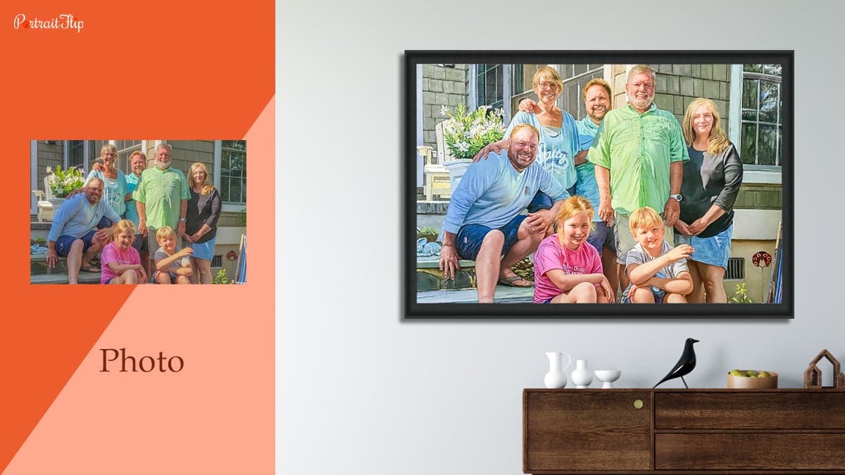 A handmade custom family portrait by PortraitFlip displayed on a white wall.
