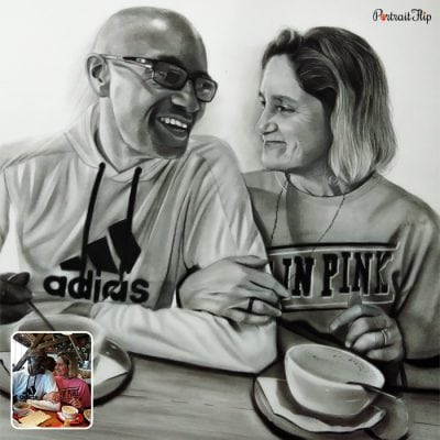 A photo to pencil valentine’s day paintings where an old couple is sitting with a cup of coffee on the table