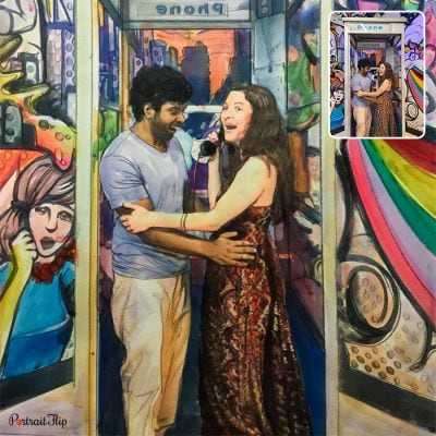 A watercolor valentine’s day paintings where a man and a woman are standing in a phone booth with facing each other