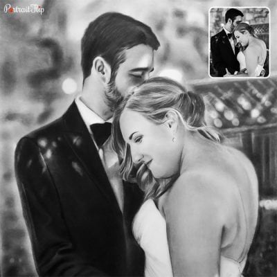 A black and white picture of a bride and groom where the groom is kissing bride’s forehead and bride is embracing towards him which is converted into a valentine’s day paintings