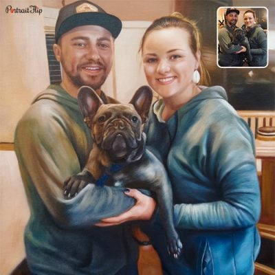 A photo to valentine’s day paintings of a man and a woman holding dog in their arms