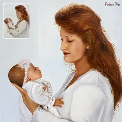 A vintage portraits that show a woman holding a newborn baby in his hands with a white background
