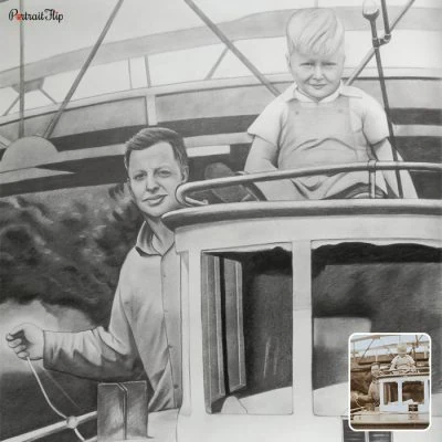 An old photo of a man and a young boy on a boat that is converted into a pencil vintage portraits
