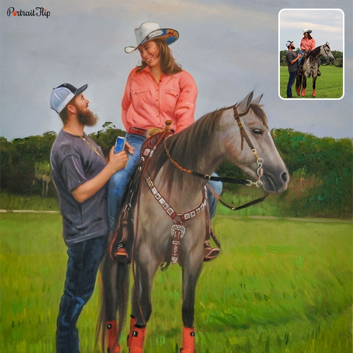 Photo of a couple where the woman is sitting on a horse and the man standing beside them is converted into a horse portraits