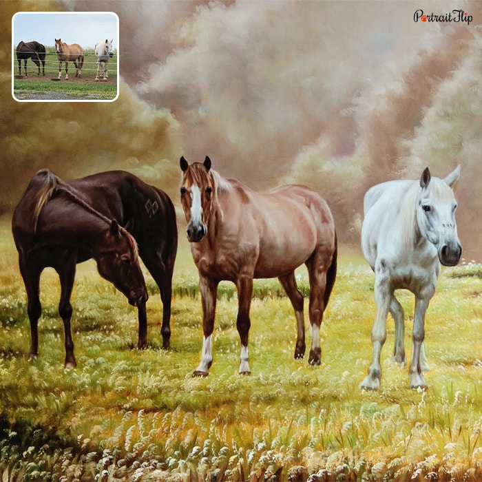 Photo of three horses standing in a field of grass is converted into a horse portraits