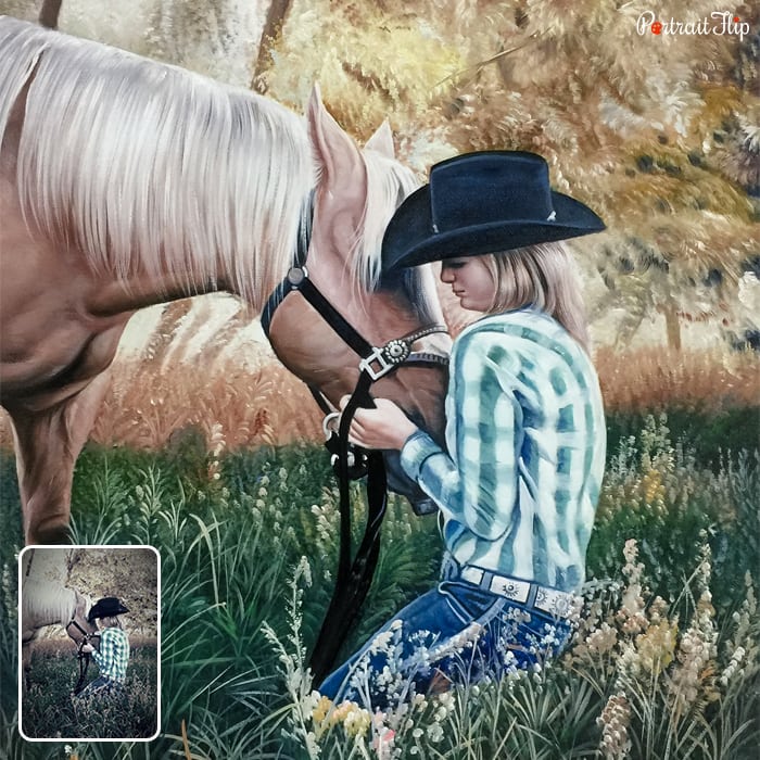 Picture of a girl who is sitting in front of a horse and holding his face in her hands is converted into a horse portraits