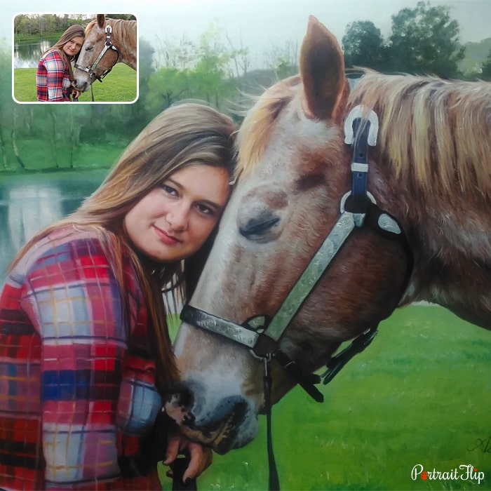 Picture of a woman who is leaning on the face of a horse is converted into a horse portraits