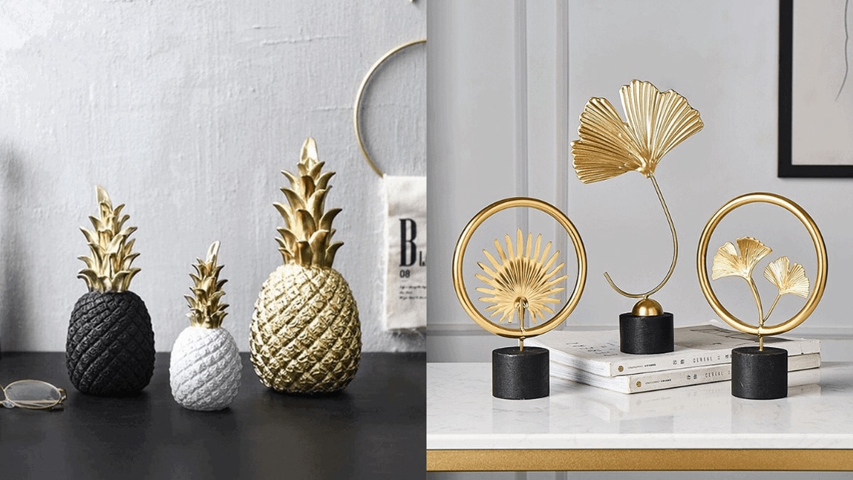 Beautiful pineapple and flower shaped ornaments are placed on the table.