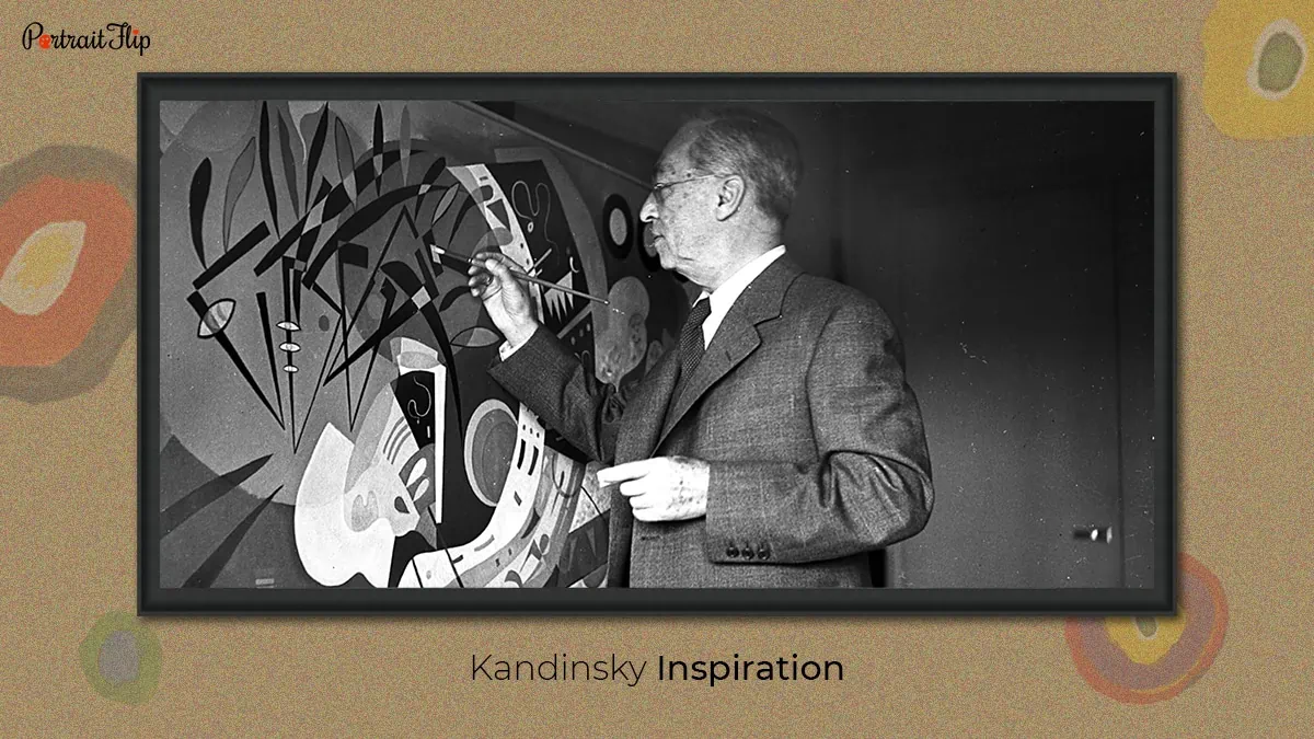 Black and white picture of Kandinsky painting one of his art in Color Study: Squares with Concentric Circles