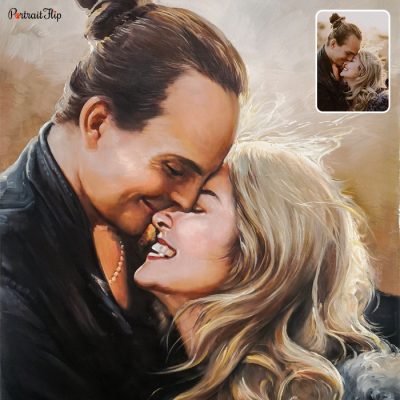 Oil valentine’s day paintings of a man and a woman where the man’s face is on top of woman’s face