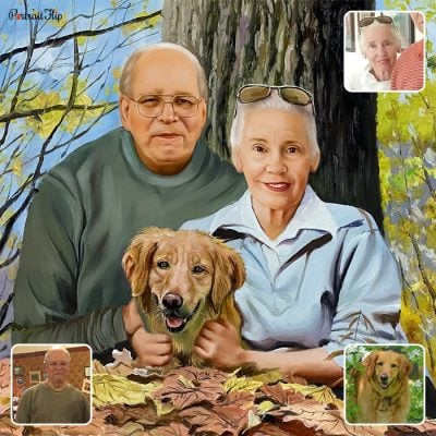A compilation of picture where a old man and a woman is placed in a forest type area with a dog and is created as a vintage portraits