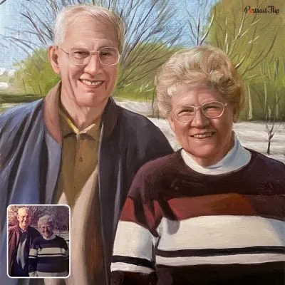 A picture of an old couple standing next to each other converted into a vintage portraits.