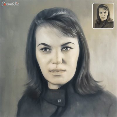 A black and white picture of a woman that is created into acrylic vintage portraits