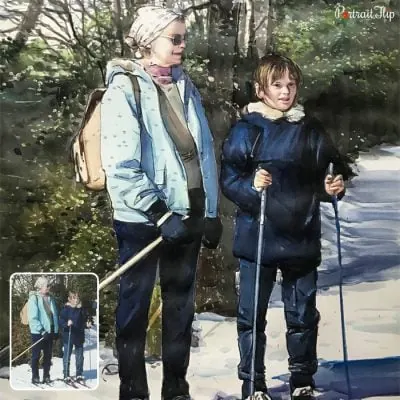 A watercolor vintage portraits of a old woman and a young girl standing in a snowy background with snow ski in their hand