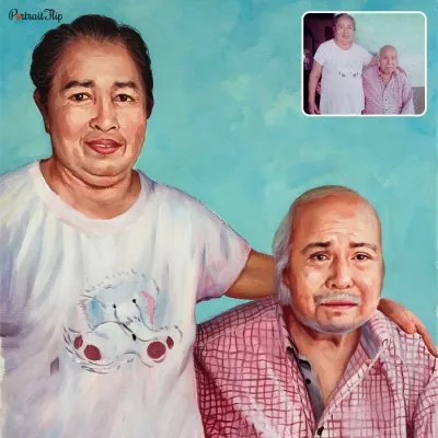 A vintage portraits of an old couple where the woman is standing next to the man who is in a sitting position