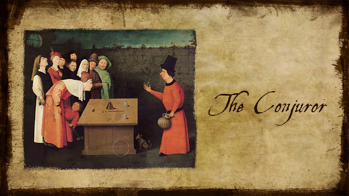 Portrait of one of the famous paintings by Hieronymus Bosch, "The Conjuror"
