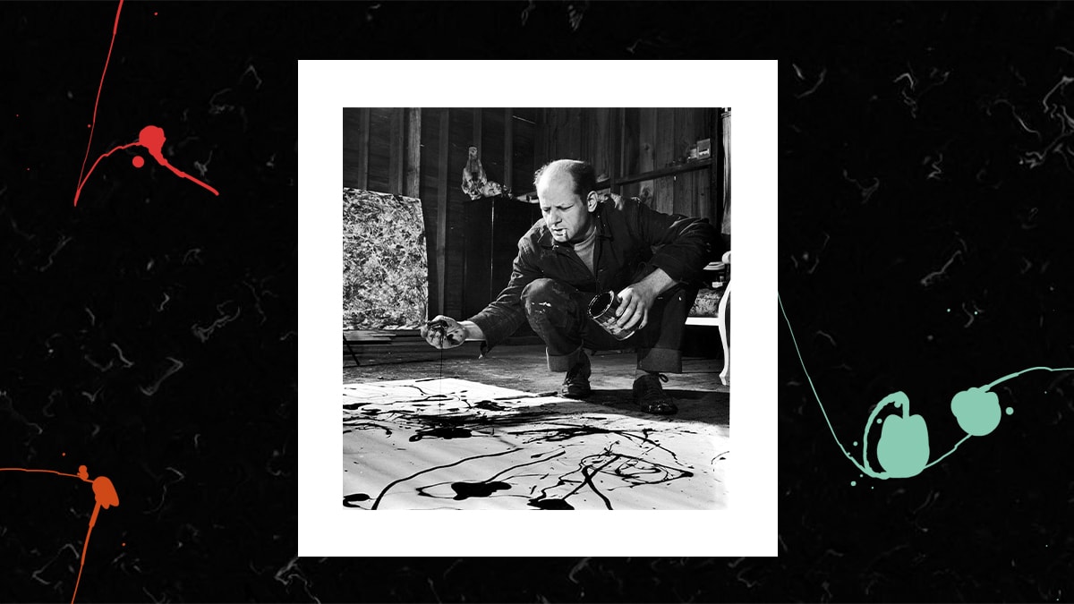 Picture of famous abstract expressionism artist depicting one of the paintings by Jackson Pollock"