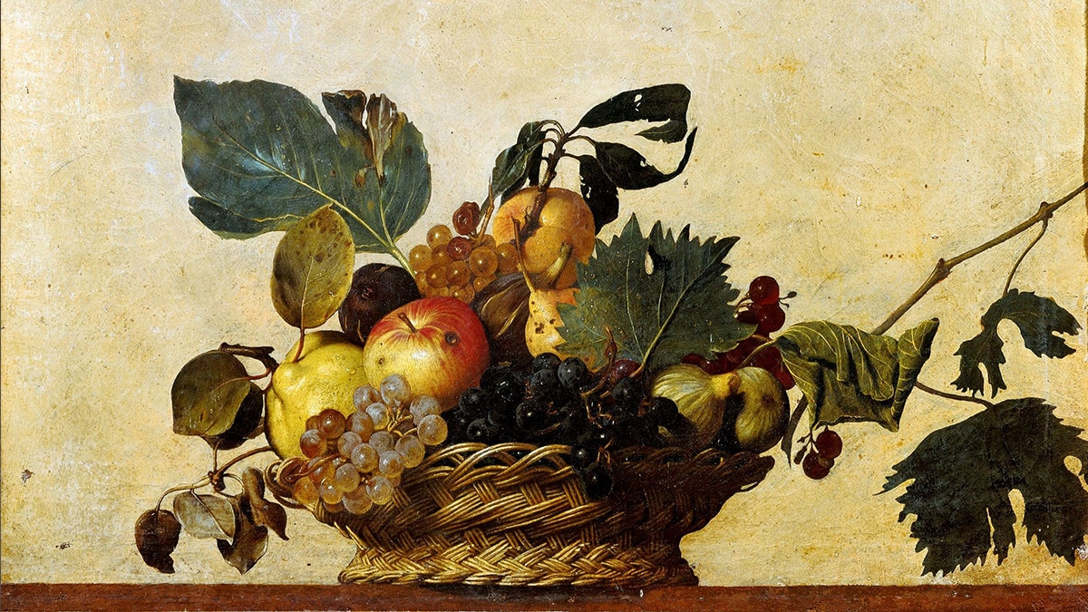 The still life painting of fruit basket by Caravaggio