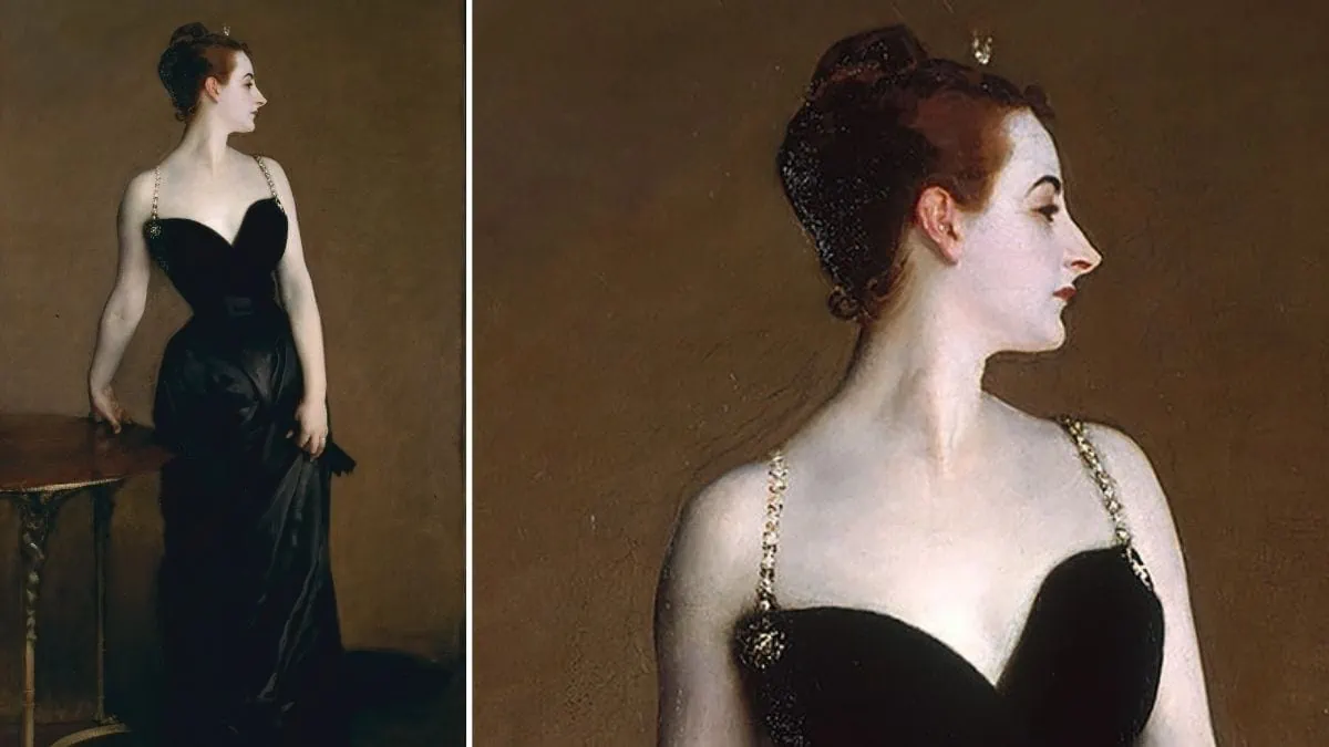 Madame X is a painting of a women leaning on a table wearing a revealing black dress. Painted by John Singer Sargent.